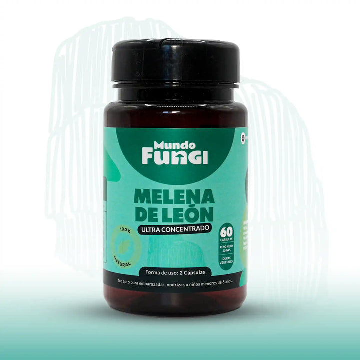 60 cápsulas de melena de león ultra concentradas en un frasco de plástico oscuro.