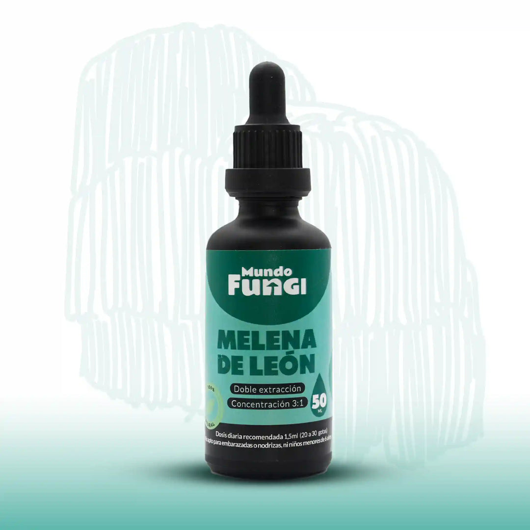 Extracto melena de león en frasco de vidrio oscuro de 50 ml con gotario de uso sublingual.