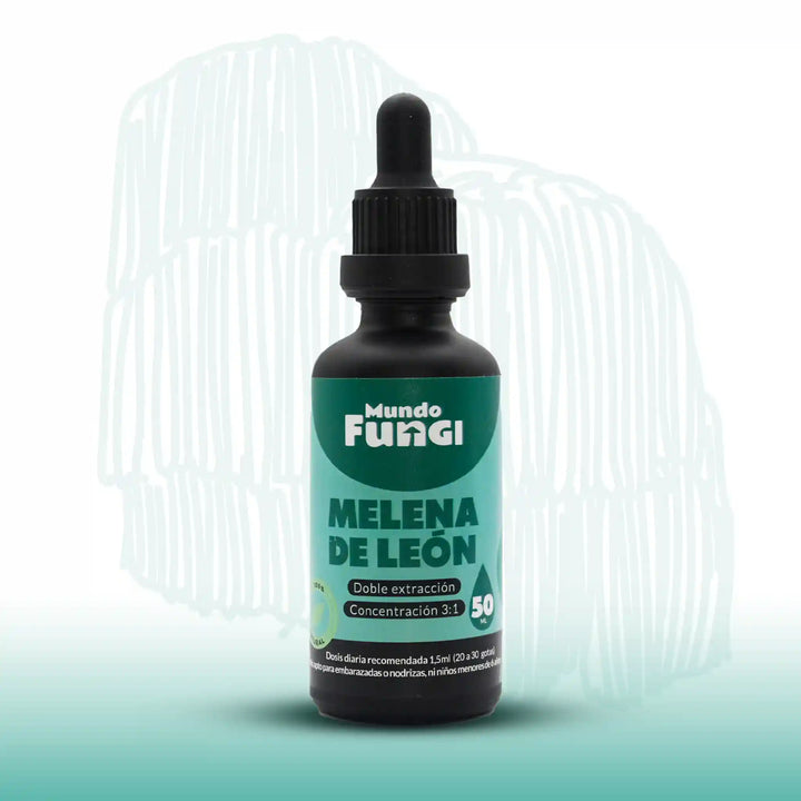 Extracto melena de león en frasco de vidrio oscuro de 50 ml con gotario de uso sublingual.