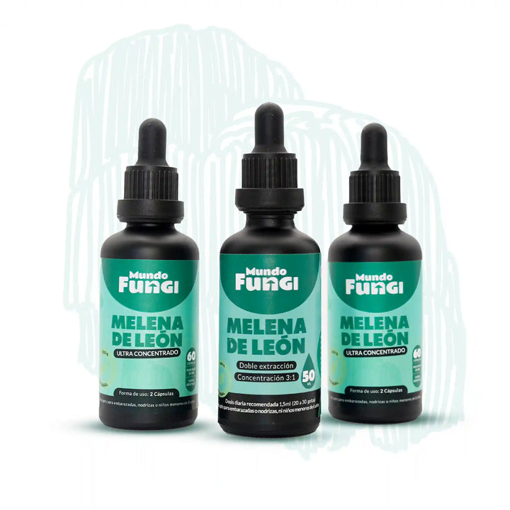 Tres frascos de 50 ml con gotario de uso sublingual que contienen extracto de melena de león ultra concentrado.