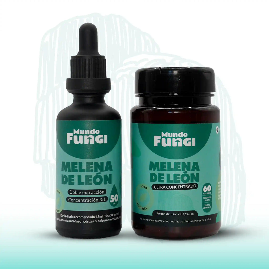 Pack melena de león: extracto de melena de león en frasco de vidrio de 50 ml con cuentagotas y 60 cápsulas en un frasco de plástico oscuro.