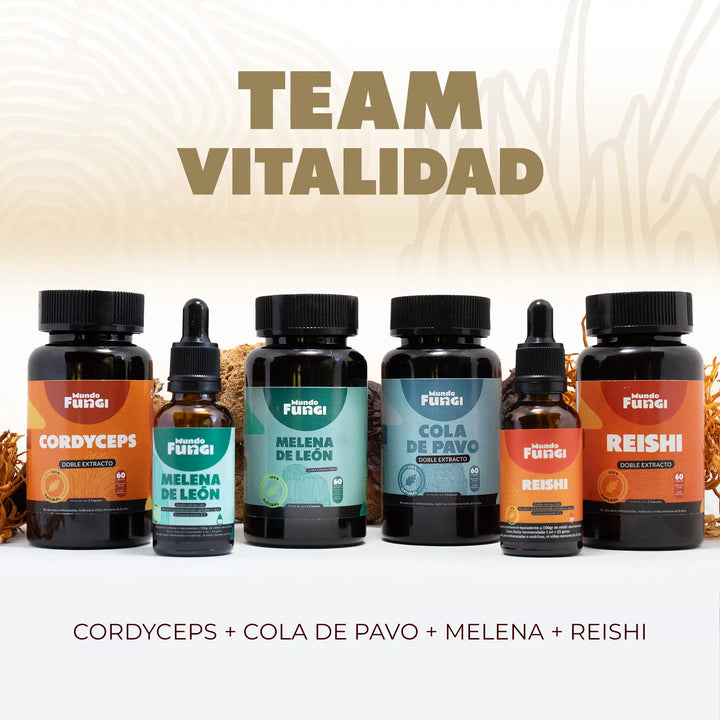 Extractos de Cordyceps, Melena de León, Cola de Pavo y Reishi en cápsulas y formato sublingual.